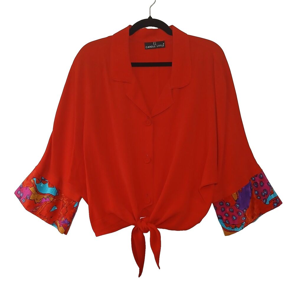 Vintage CAROLE LITTLE Vibrant Red Orange 90s Button up Blouse Artsy Flowy #917